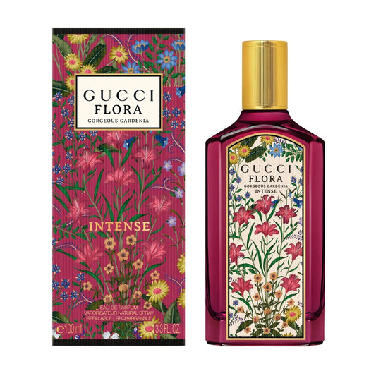 Gucci Flora perfume bottle and packaging with floral design on a white background