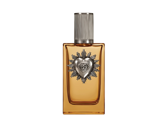 Perfume bottle with decorative heart emblem on a white background