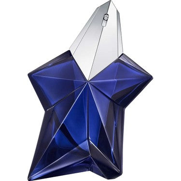 Blue and silver star-shaped perfume bottle on a white background