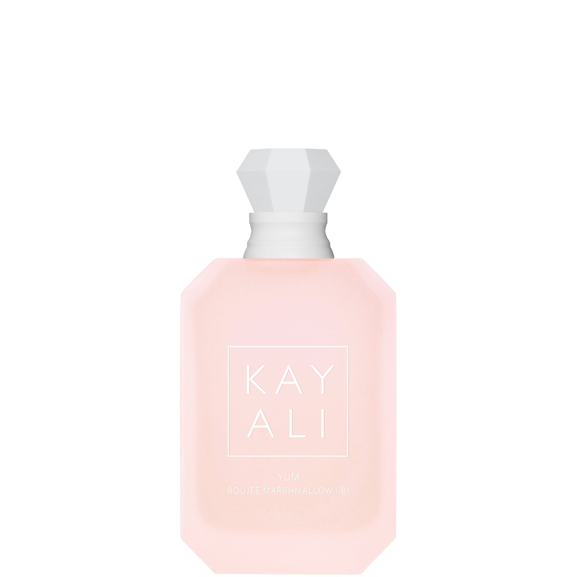 Pink perfume bottle with white cap on a white background