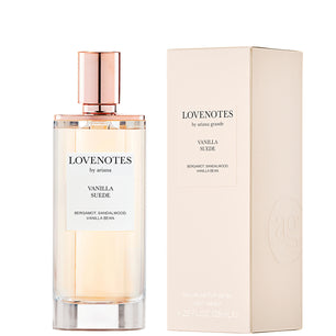 Perfume bottle and packaging of 'Lovenotes by Ariana Grande Vanilla Suede' on a white background