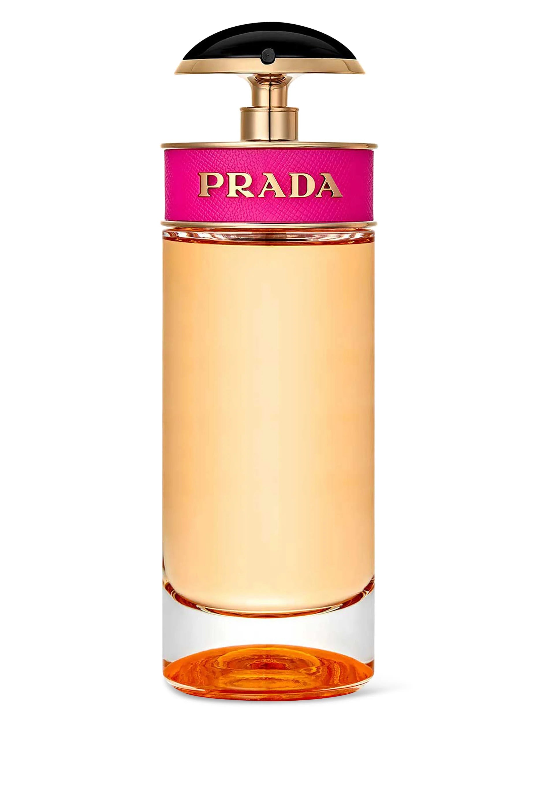 Prada perfume bottle with pink cap on a white background