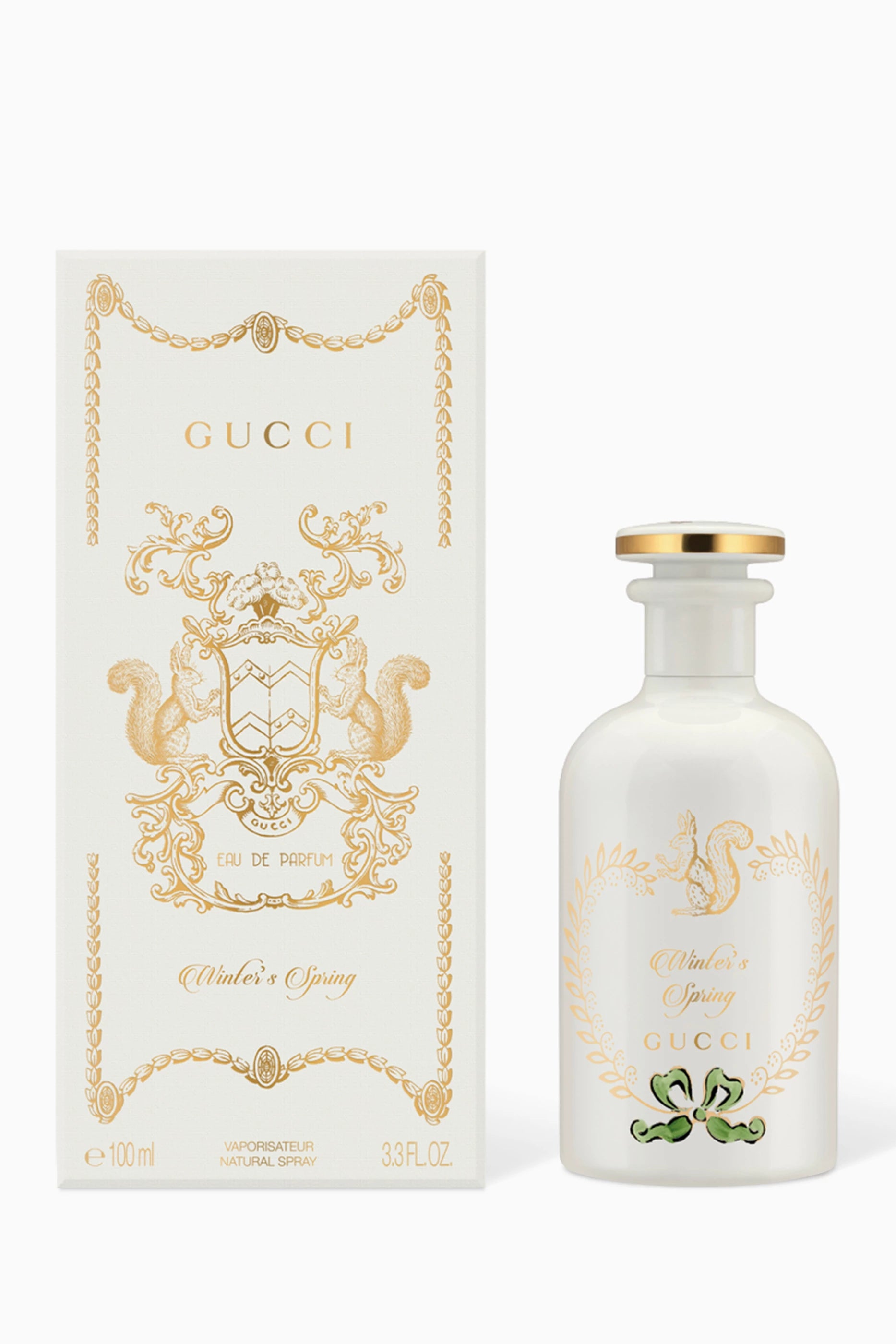 Gucci perfume bottle and packaging on a white background
