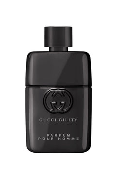 Black Gucci Guilty perfume bottle on a white background