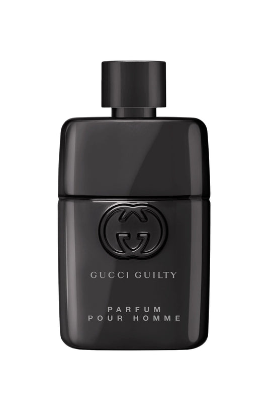 Black Gucci Guilty perfume bottle on a white background