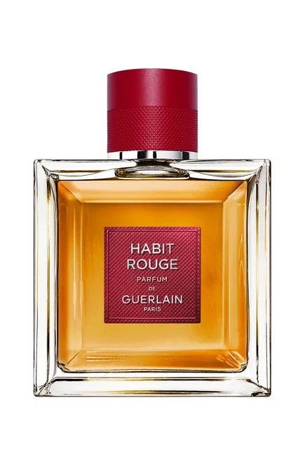 Perfume bottle of Habit Rouge by Guerlain on a white background
