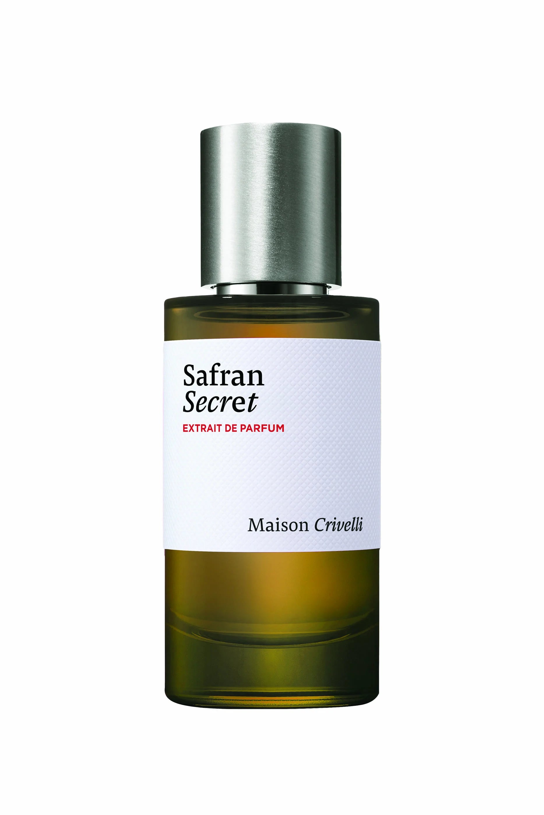 Perfume bottle labeled 'Safran Secret' by Maison Crivelli on a white background