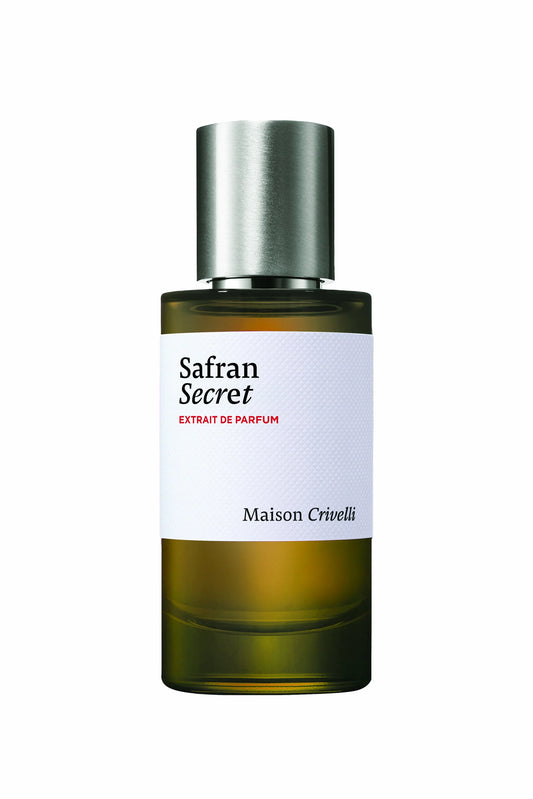 Perfume bottle labeled 'Safran Secret' by Maison Crivelli on a white background