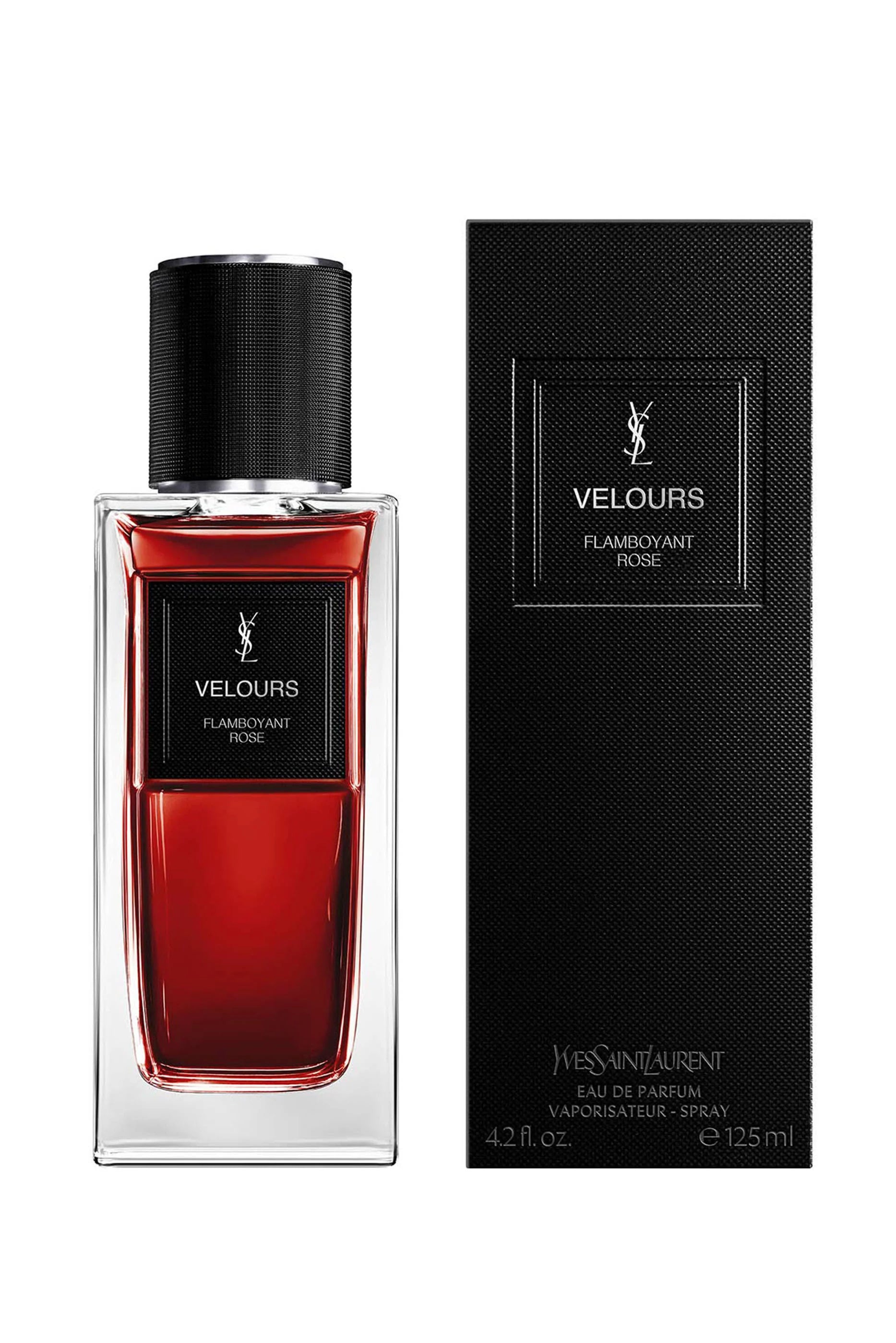 Yves Saint Laurent Velours Flambéant Rouge perfume bottle and packaging on a white background