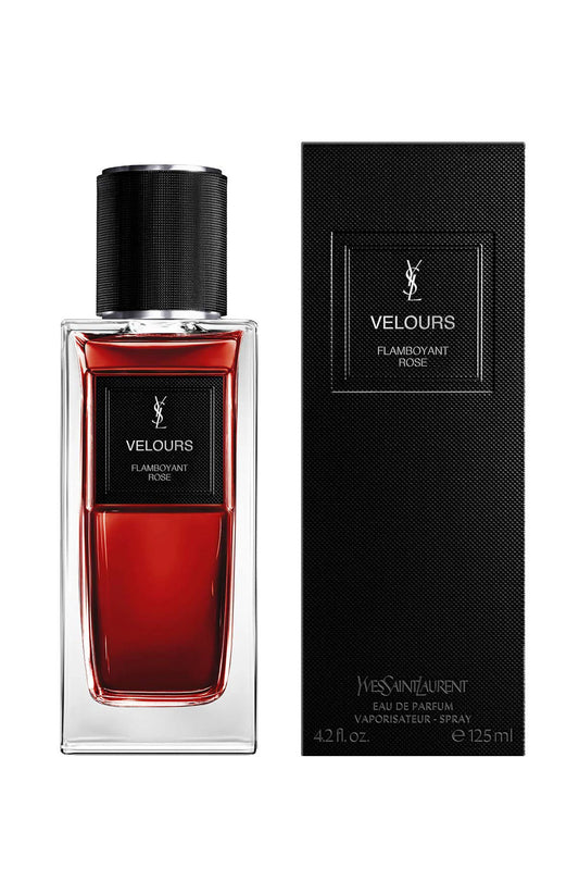 Yves Saint Laurent Velours Flambéant Rouge perfume bottle and packaging on a white background