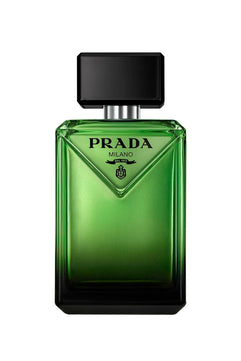 Green Prada Milano perfume bottle on a white background