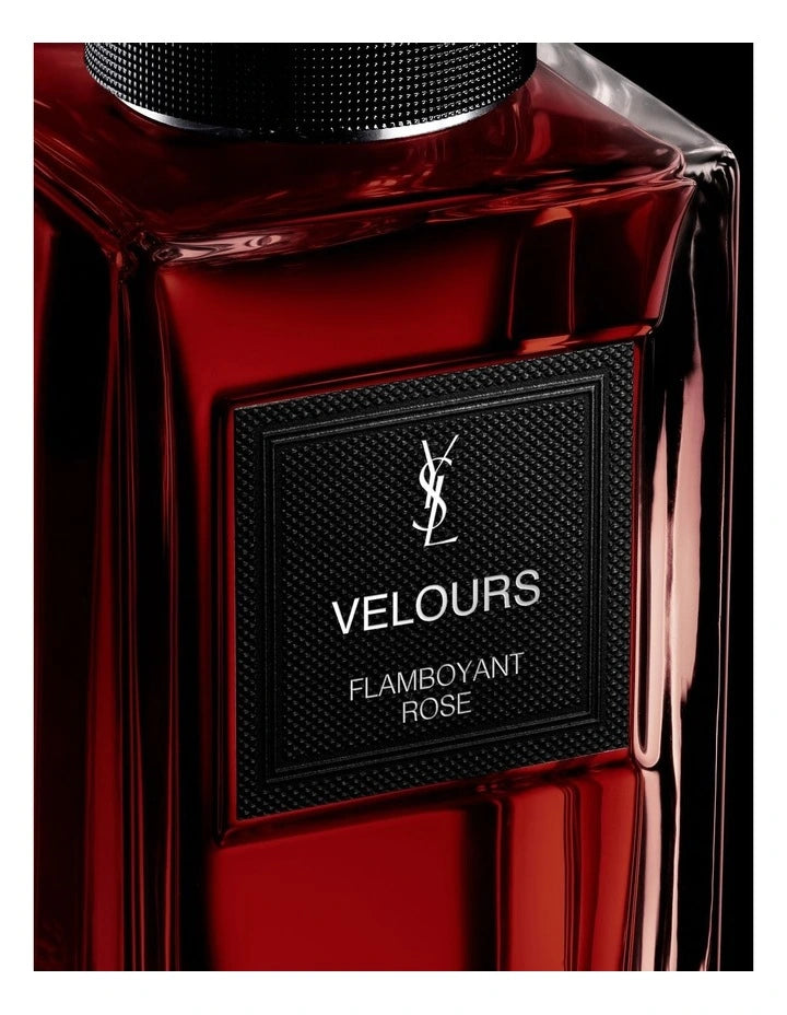 Red perfume bottle with 'YSL Velours Flamboyant Rose' label