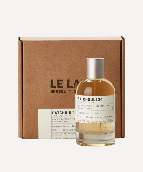 Le Labo Patchouli 24 perfume bottle with packaging on a white background
