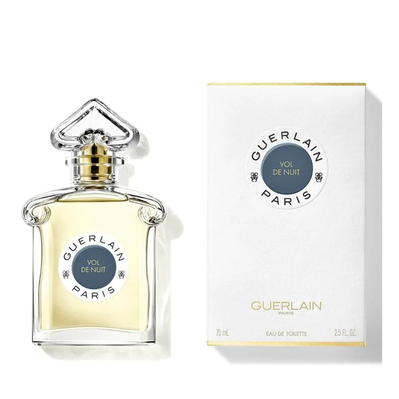 Guerlain Vol De Nuit perfume bottle and packaging on a white background