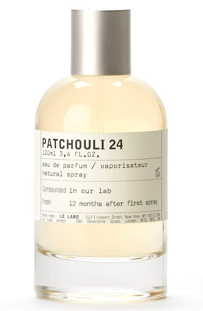 Bottle of Le Labo Patchouli 24 eau de parfum on a white background