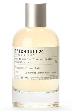 Bottle of Le Labo Patchouli 24 eau de parfum on a white background