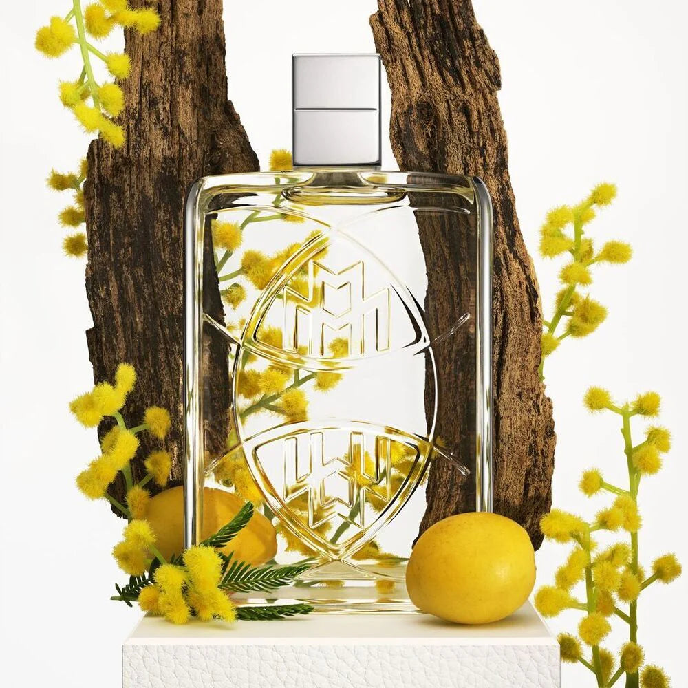 Clear perfume bottle with decorative elements on a white background