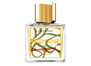 Perfume bottle with gold cap and colorful label on a white background