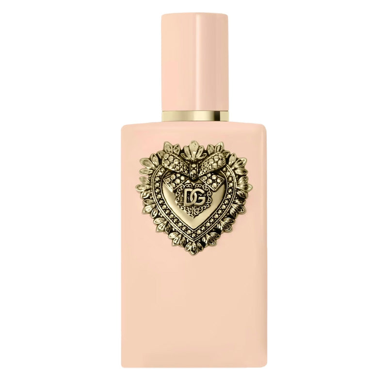 Pink perfume bottle with decorative heart emblem on a white background