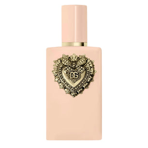 Pink perfume bottle with decorative heart emblem on a white background