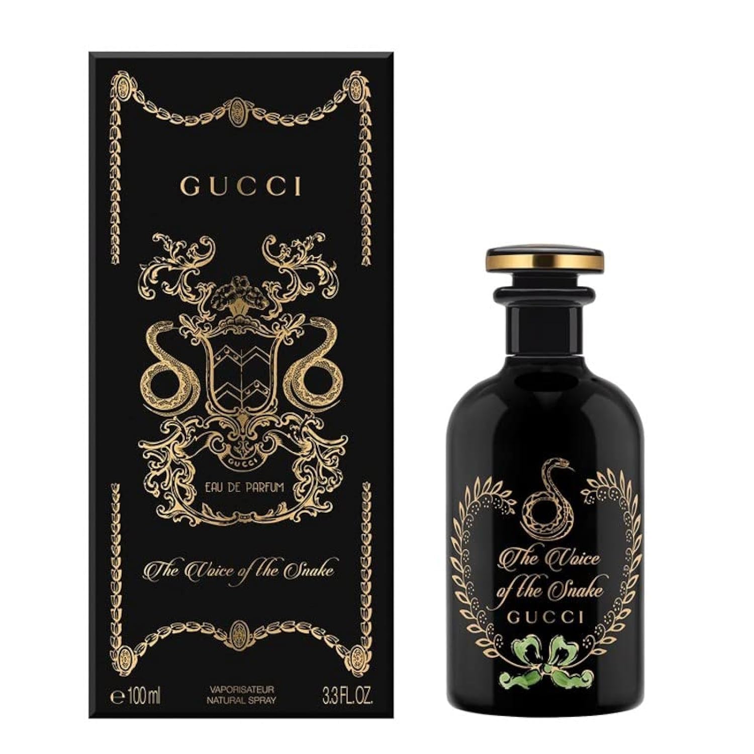 Gucci perfume bottle and packaging with decorative elements on a white background