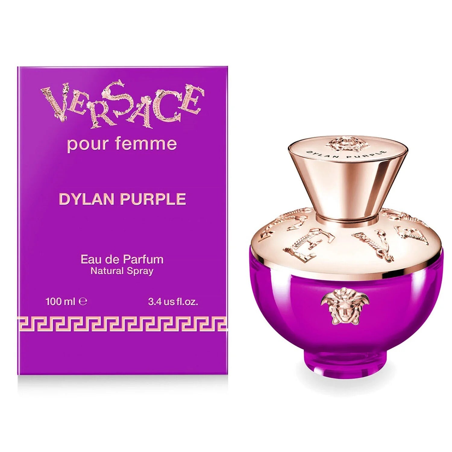 Versace Dylan Purple perfume bottle and packaging on a white background