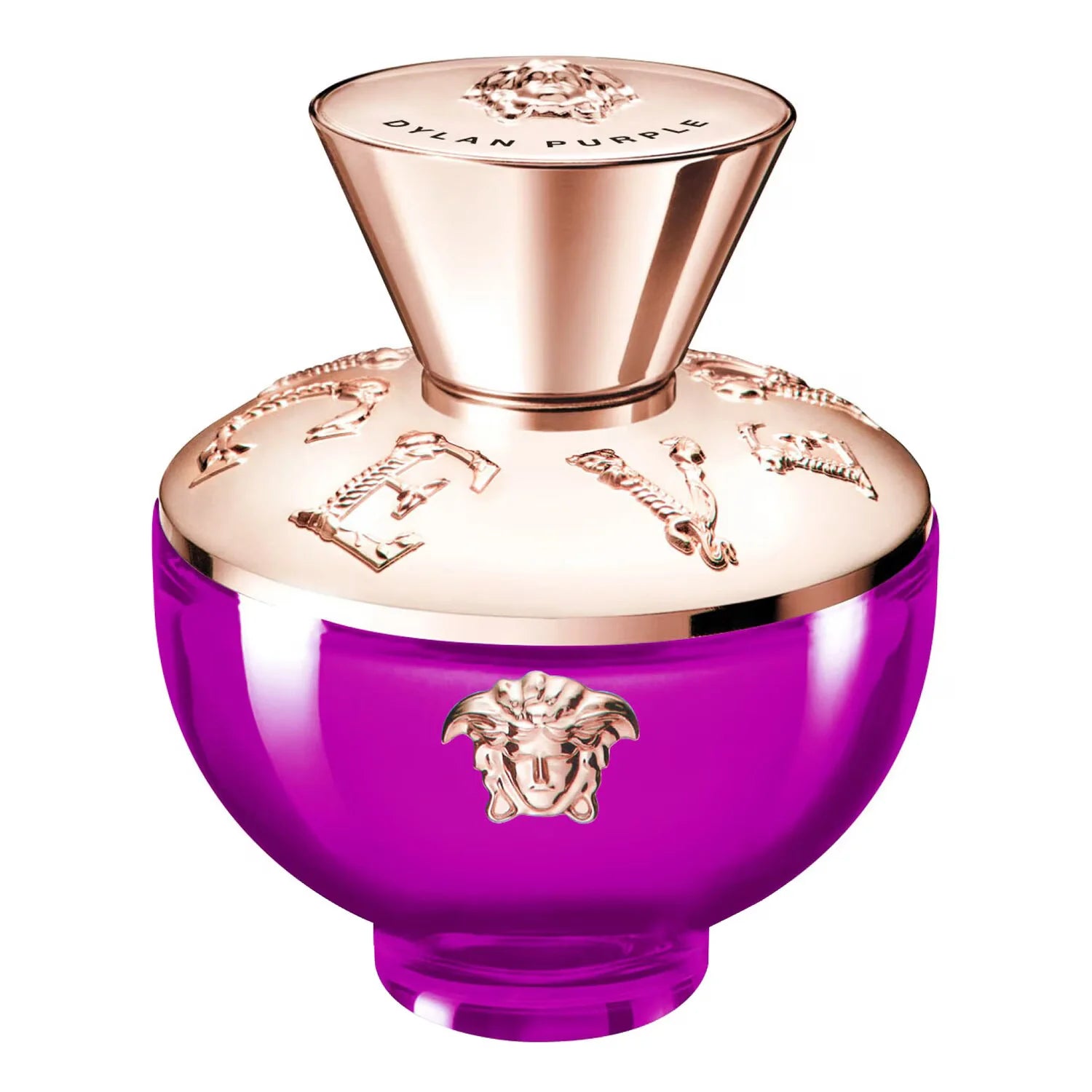 Purple perfume bottle with gold cap on a white background
