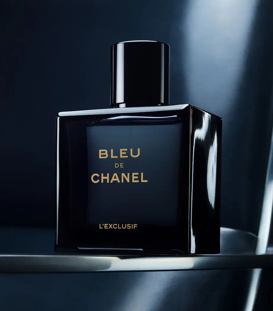 Bleu de Chanel perfume bottle on a dark background
