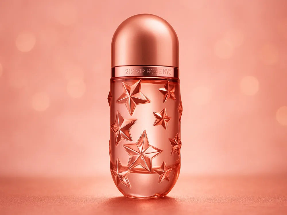 Perfume bottle with star design on a pink background