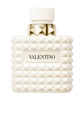 Valentino perfume bottle with white diamond pattern and gold cap on a white background