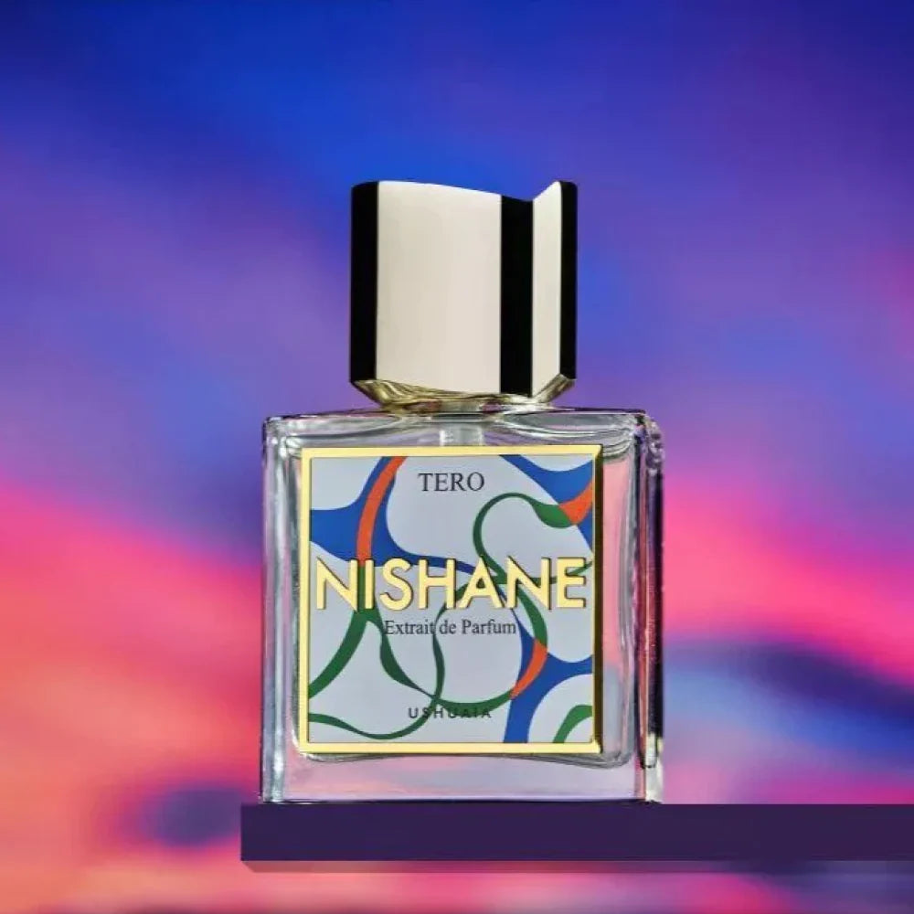 Nishane Tero perfume bottle on a colorful gradient background