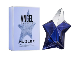 Mugler Angel Elixir perfume bottle and packaging on a white background