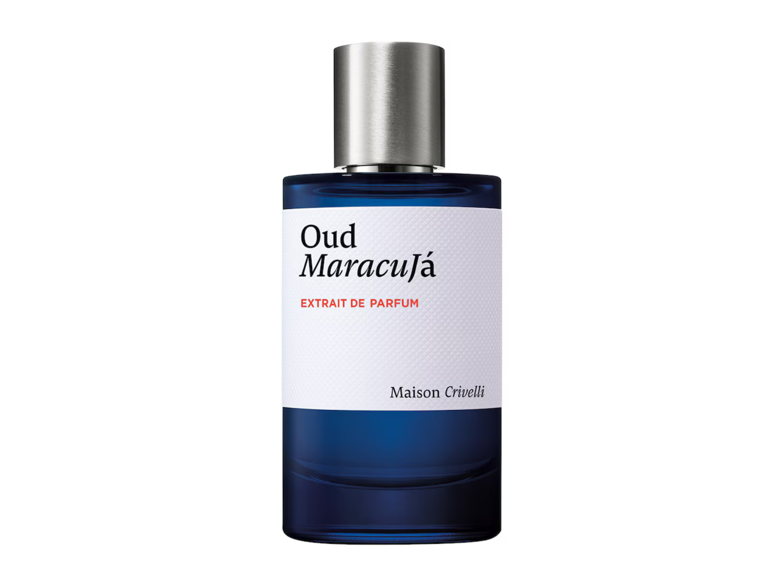 Perfume bottle labeled 'Oud Maracufá' by Maison Crivelli on a white background