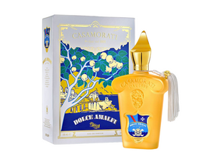 Yellow Casamorati Dolce Amalfi perfume bottle with packaging on a white background