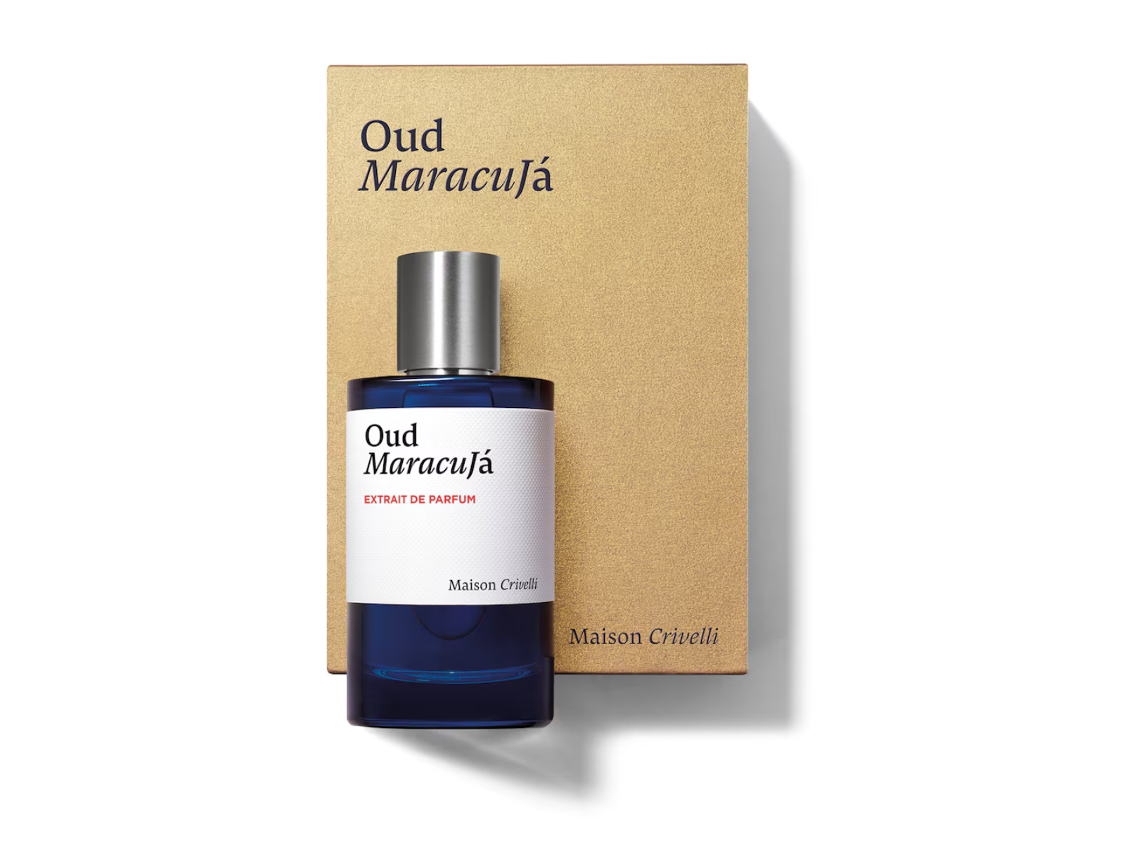 Perfume bottle labeled 'Oud Maracuja' with a matching box on a white background