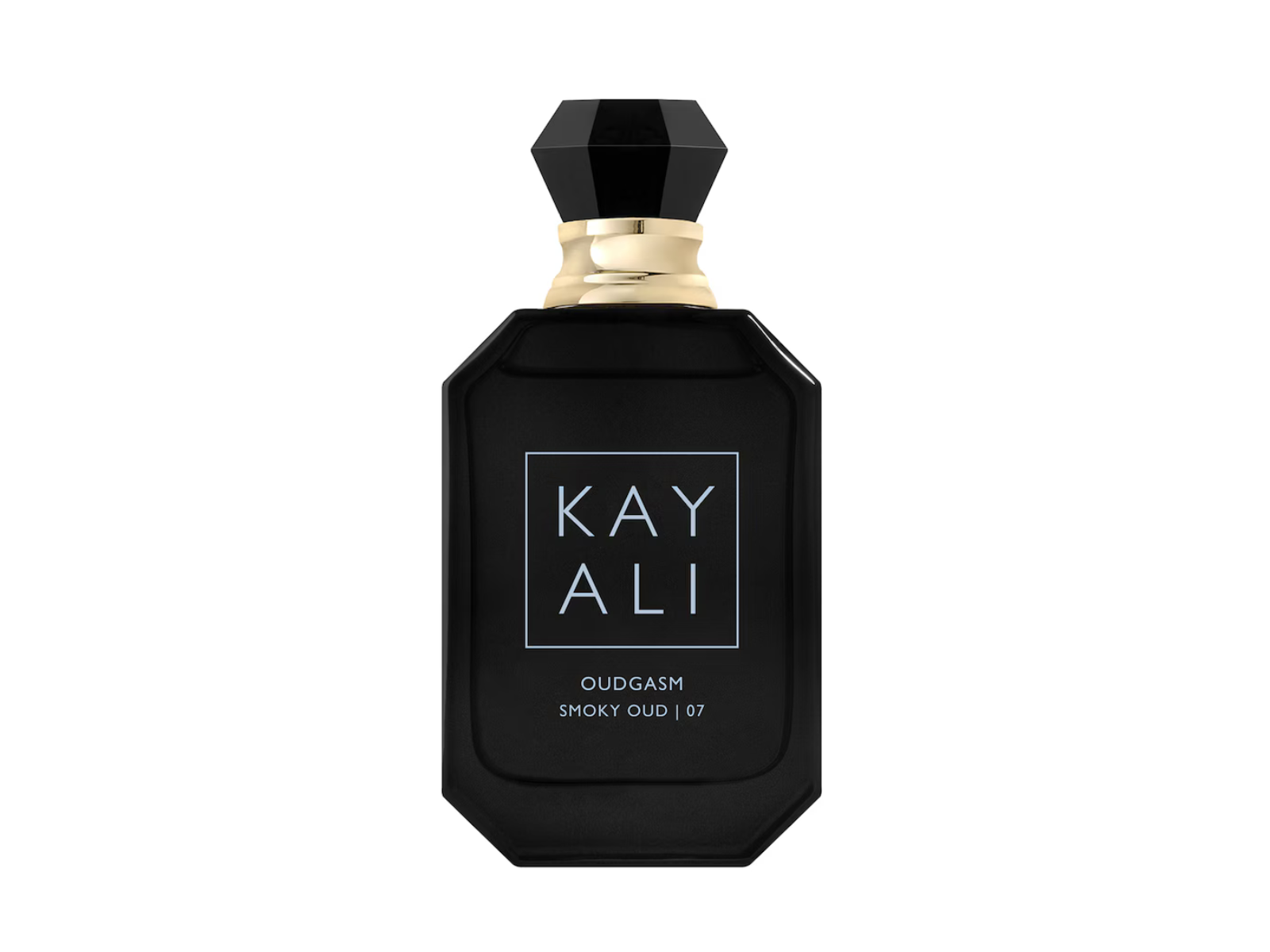 Black perfume bottle with 'KAY ALI' branding on a white background