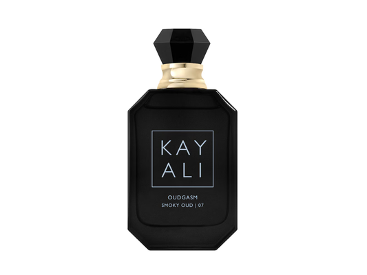 Black perfume bottle with 'KAY ALI' branding on a white background