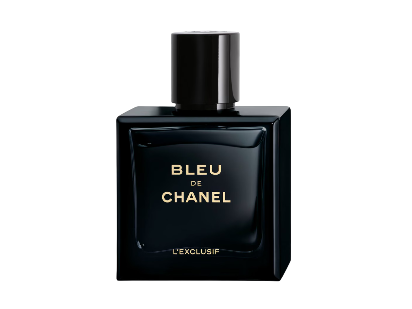 Black perfume bottle labeled 'Bleu de Chanel' on a white background