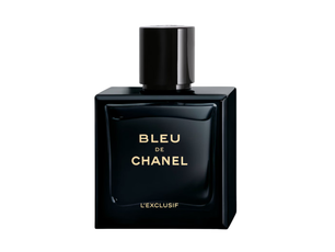 Black perfume bottle labeled 'Bleu de Chanel' on a white background