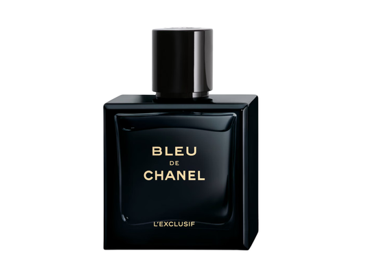 Black perfume bottle labeled 'Bleu de Chanel' on a white background