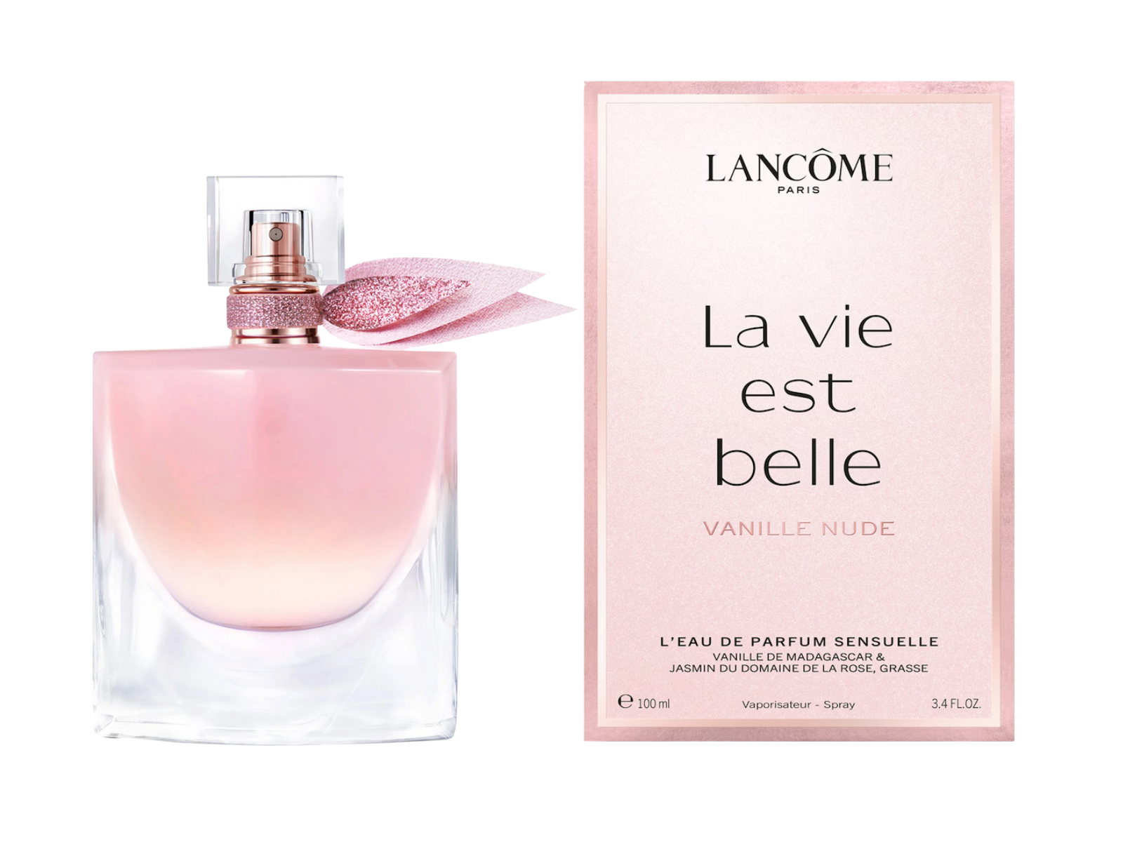 Lancome La Vie Est Belle Vanille Nude perfume bottle and packaging on a white background