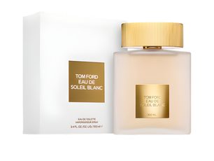 Tom Ford Eau de Soleil Blanc perfume bottle and packaging on a white background