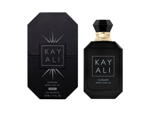 Black perfume bottle and packaging with 'KAY ALI' branding on a white background