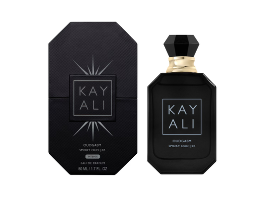 Black perfume bottle and packaging with 'KAY ALI' branding on a white background