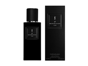 Black Yves Saint Laurent perfume bottle and packaging on a white background