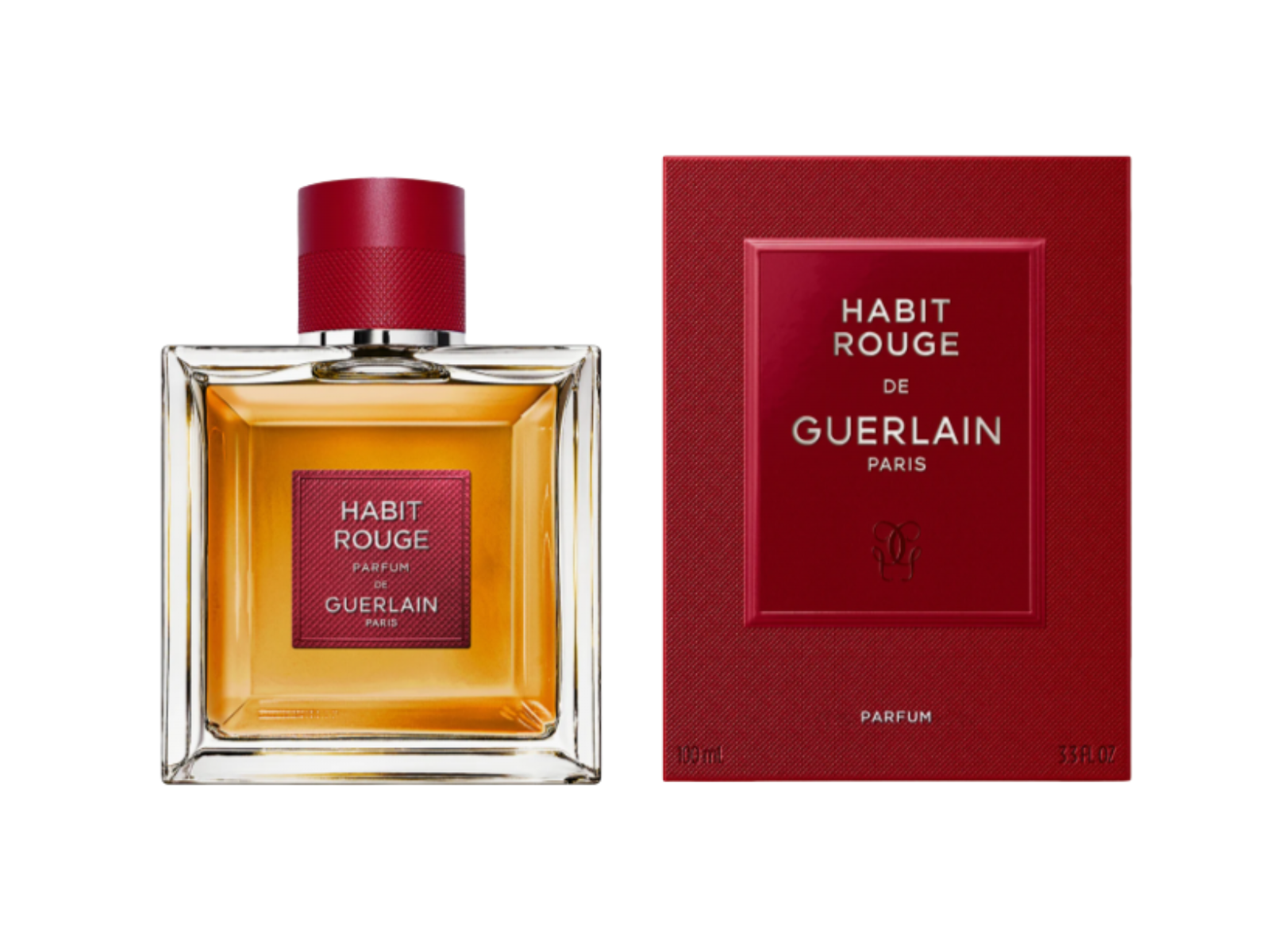 Habit Rouge Guerlain perfume bottle and packaging on a white background