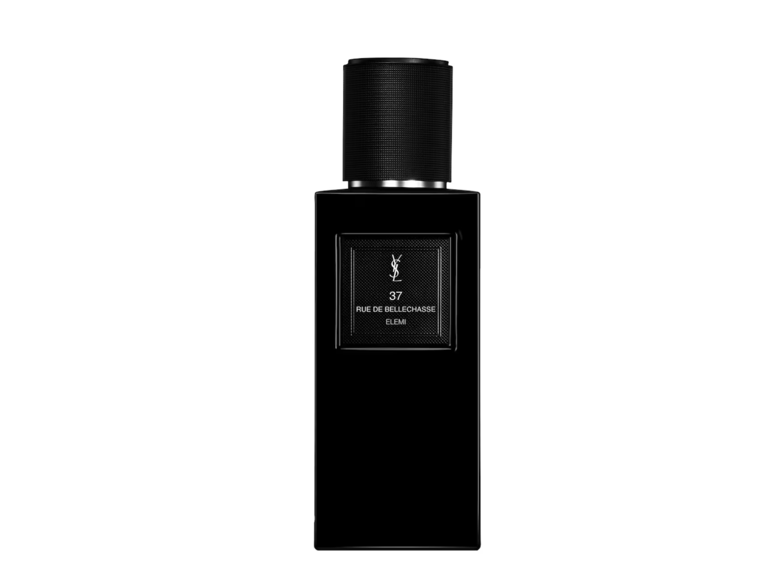 Black perfume bottle with visible brand name on a white background