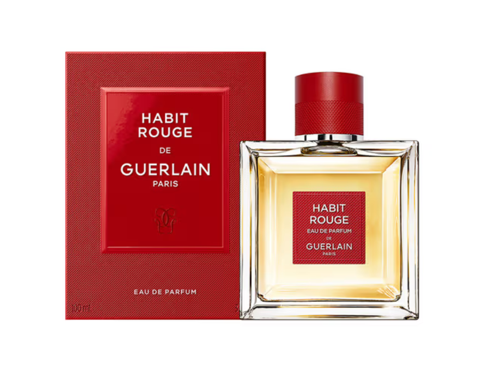 Habit Rouge Guerlain perfume bottle and packaging on a white background