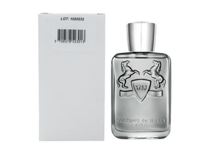 Perfume bottle with packaging featuring a brand logo on a white background