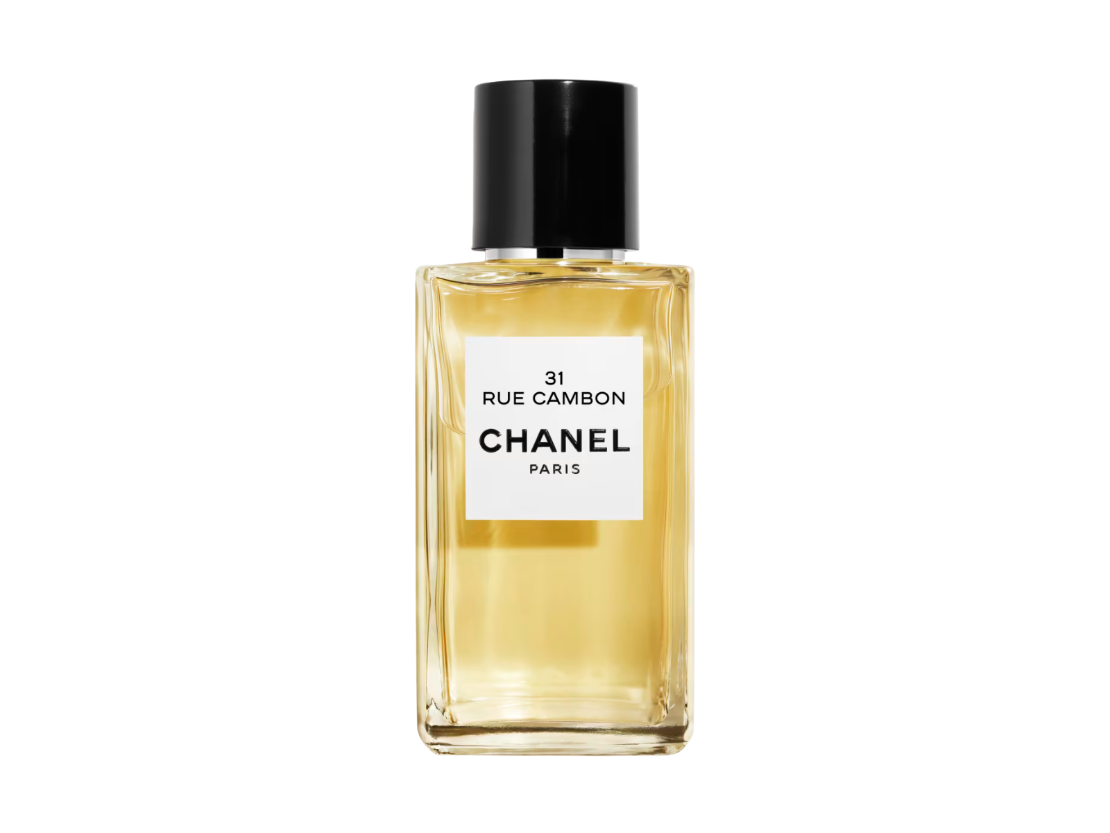 Chanel perfume bottle with a white label on a white background